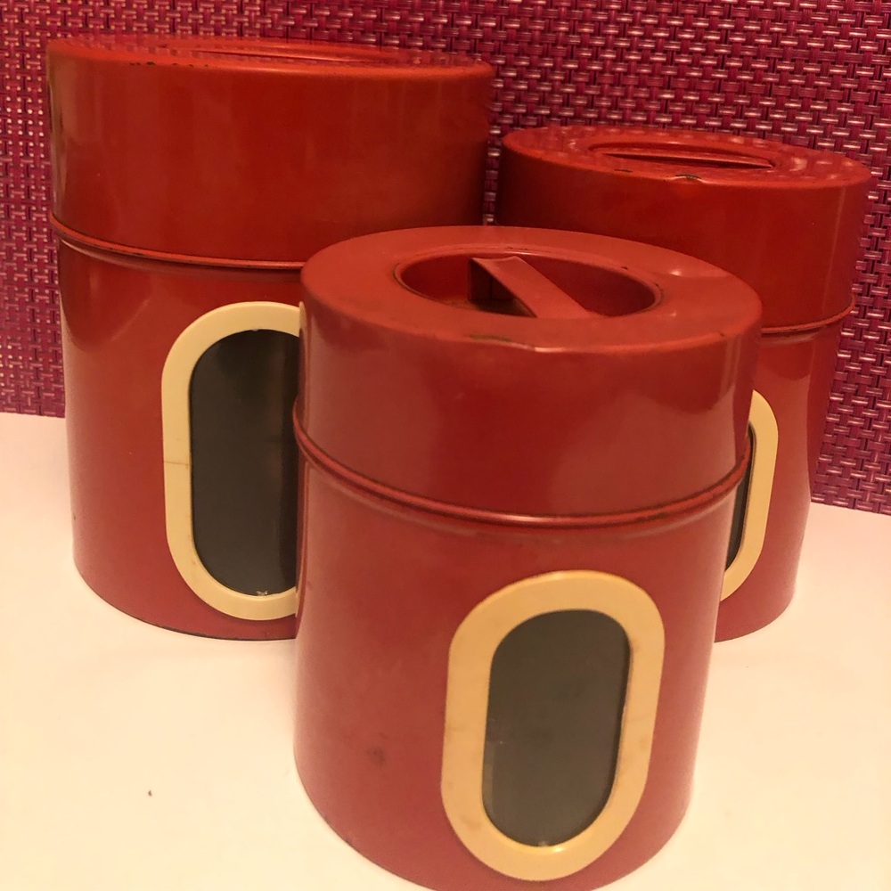 Set 3 Vintage Red Metal Flour, Coffee & Sugar Canisters w/ Spice & Pantry Labels
